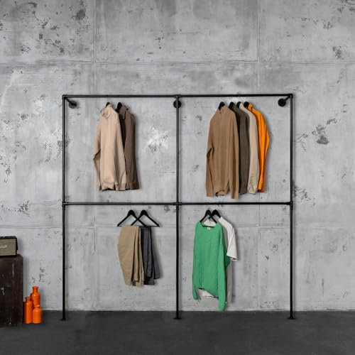 RSR Hangers Kleiderstange Kleiderstangensystem Nina Schwerlast höhenverstellbar Industrial Garderobe Loft Design | offener Kleiderschrank | Kleiderständer | Wandmontage | Schwarz | Breite 140 cm