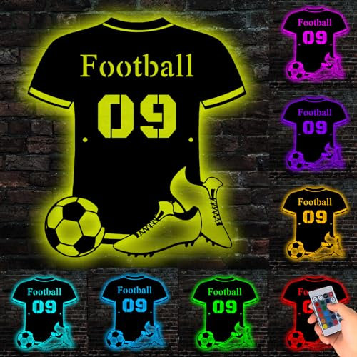 Personalisiertes Fußballspieler Metallschild mit LED Licht, Personalisiert Mit Name Zimmer Beleuchtung Wand Lampe, individueller Name und Nummer, Zimmer Deko, Weihnachten, Geburtstag