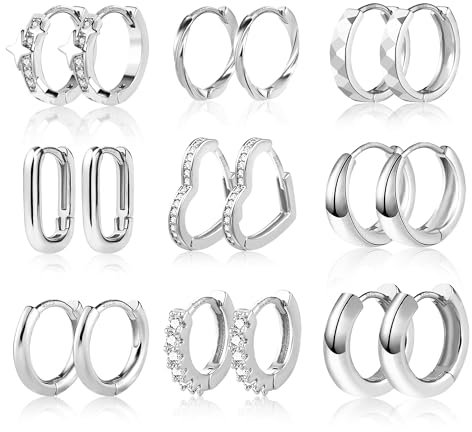 ALEXCRAFT 9 Paar Multipack Ohrringe Set Silber Creolen Kleine für Damen, Hypoallergen Zirkon Knorpel Piercing Ohrringe Silber Creolen Eckig Oval Herz Chunky Klobig Kreolen Kleine Ohrringe für Damen