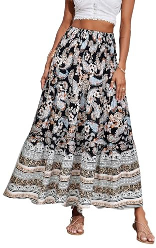 CFLONGE Sommer-Maxi-Röcke für Damen, 2025, modisch, Boho, langer Rock, trendig, Blumenmuster, hohe Taille, A-Linie, Strandrock, Urlaubs-Outfit, Schwarz-blaue Blume, Groß