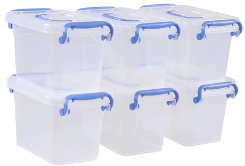 Lasbily 6 Packs 1.5 L Plastic Storage Boxes with Lid, Small Clear Stackable Box for Shelves, Stationery, Desk Supplies