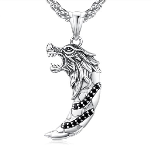 KINGWHYTE Wolfszahn-Halskette, 925er Sterlingsilber, nordischer schwarzer Zirkonia, Wikinger-Wolf, Geschenke für Männer…