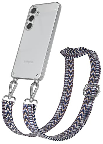 EAZY CASE Handykette - Verstellbares Taschenband kompatibel mit Galaxy S24, Schulterriemen, Handykordel mit Silikon Hülle, Umhängetasche, Blau Weiß Silber