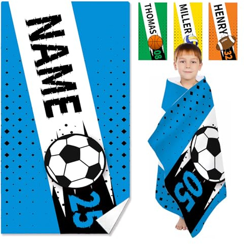 KARPIX Strandtuch mit Namen Sportmotiv 60x120cm Kinder | Weiches Mikrofaser, personalisiertes Geschenk für Jungen