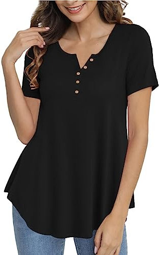 Damen T-Shirt Einfarbig Rundhals V/O Ausschnitt Kurzarm Sommer Shirt Locker Oberteile Basic Tops Bedrucktes Damen T-Shirt Sportoberteil Sport Tshirt Damen Locker Lang Sport Shirt Damen Hinten Lang