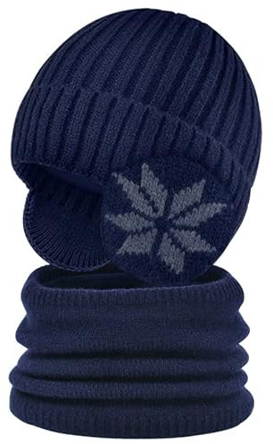 Heveer Kinder Wintermütze Jungen Warme Strickmütze Loop Schal Set Gefüttert Ohrenschützer Hut 4-10 Jahre Schlupfmütze für Outdoor Marineblau