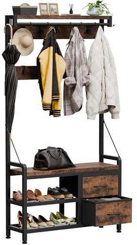 Buluri Garderobenständer, Schuhregal mit Sitzfläche und 2 Schubladen, Kleiderständer mit 17 Abnehmbaren Haken, 5 In 1 Design, Metallrahmen, für Flur, Wohnzimmer, Eingänge (Rustikal Braun)