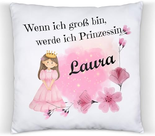 ZauberPrints Prinzessin Kissen mit Name – Deko für Mädchen | Kuschelkissen mit Prinzessin & Krone · 37x37 cm · Baumwolle · Mädchenzimmer-Deko · zur Geburt, Taufe & Geburtstag