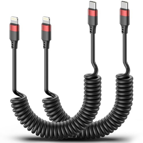 Lightning to USB C Cord Coiled, 2 Pack USB Type C to Lightning Cable PD Fast Charging Retractable USBC to Lightning Cable for iPhone 14 13 12 11 Pro Max Mini 10 8 7 Plus XR XS SE, AirPods, Car