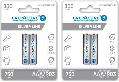 everActive Akku AAA 800 mAh 2 Stück, NI-MH, Micro R03, wiederaufladbare Batterien, vorgeladen, Silver Line 1.2V, 1 Blisterkarte (Packung mit 2)