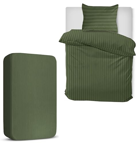 MOONLIGHT20015 Single Duvet Cover Set 3 Piece Satin Stripe Duvet Covers Soft Brushed Microfiber Bedding Set with Fitted Sheet & 1 Pillow Case (Olive Green, 135x200 cm)