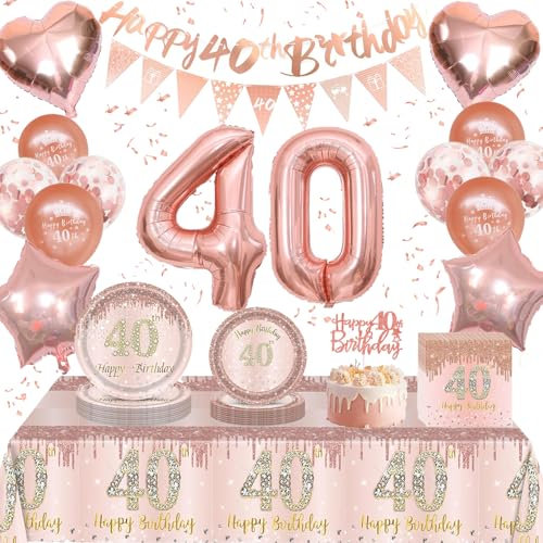 Rose Gold 40th Birthday Party Decorations Tableware Set Include 40th Birthday Balloons, Banner, Tablecloth, Cake Topper, Plates and Serviettes for Girls, Women,Her Party Birthdays Supplies Decoration