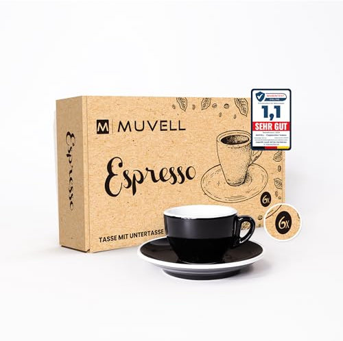 MUVELL 6x Espressotassen | Schwarz | Italian Style | dickwandig & schwer | spülmaschinenfest | Espresso 6er Set mit Untertassen - Geschenkset