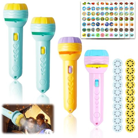WIYETY Lot de 4 lampes de poche pour enfants : lampe de poche pour enfants avec 80 motifs différents, projecteur de lampe de poche, projecteur de diapositives, projecteurs pour enfants à partir de 3