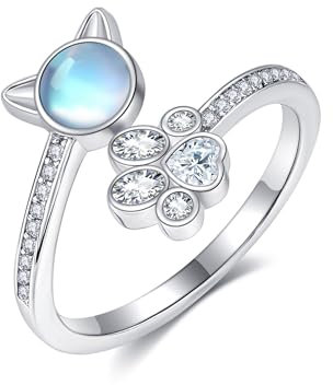DAYLINLOVE Katzen Ring 925 Sterling Silber Mondstein Stein Katzenpfote Ring für Frauen Katze Liebhaber
