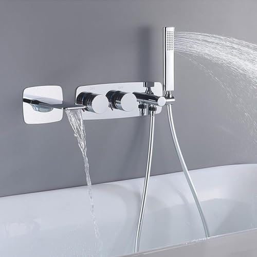 OWOHYG Badewannenarmatur mit Handbrause, wandmontierte Badewannenarmatur 4 Löcher 2 Griffe, Wannenfüller mit Sprüher, Badewannen-Duschmischbatterie, Wannenarmatur Messing,-Grau(Chrome)