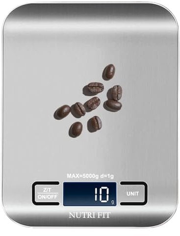 NUTRI FIT Balance de cuisine numérique en acier inoxydable, ultra fine, multifonction, écran LCD rétroéclairé, 5 kg/11lb, 2 piles AAA incluses (gris argenté)