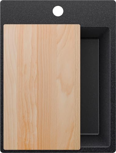 PRIMAGRAN Spülbecken ab 40er Unterschrank + Ablauf-Set, 38x50cm | Set: Ablauf-Set (Siphon, Ablaufgarnitur, Überlauf) + Schneidebrett + Granitspüle 1 Becken - Riga, Anthrazit