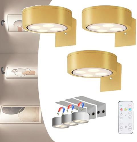 Genérico Topveden Picture Lights for Wall, Topveden Poster Lights, Wall Art Battery Operated No Drill Magnetic, Adjustable Brightness & Timer, 3 Color Temps for Home Decor (Gold*3)