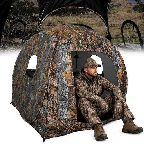 FUNHORUN Hunting Blind 360 Degree See Through with Floor Mat, 2/3 Person Ground Blind, Quick Set Pop Up Tent, Spring Steel Camouflage Tent for Deer and Turkey