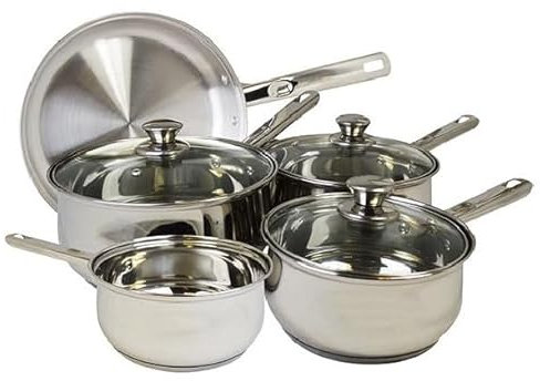 Stalwart 5-Piece Cookware Set, Stainless Steel Pan Set, Induction Compatible, Industrial Grade, with Lids 14/16/18/20cm Pans + Frypan