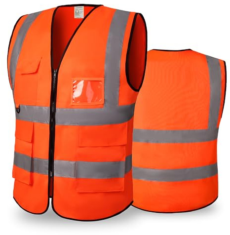 Reflektierende Arbeits Warnweste Sicherheitsweste mit 5 Taschen, Pink, 46 | ReißVerschlusstaschen Reflektierende Arbeitsweste, Atmungsaktiv FüR Baustelle, Fahrrad & Nachtarbeit Hohe Sichtbarkeit