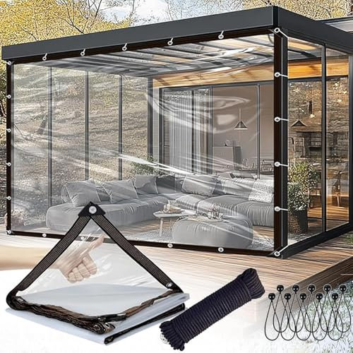 Transparente Plane, Schwerlastbar, Wasserdicht, Transparente Terrassenüberdachung mit Tüllen, Transparente Vinylplane, Regenfeste Plane für den Außenbereich, Garten, Regenfeste Plane für