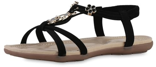 VAN HILL Damen Riemchensandalen Flach Zierperlen Trendy Schuhe 217471 Schwarz 42
