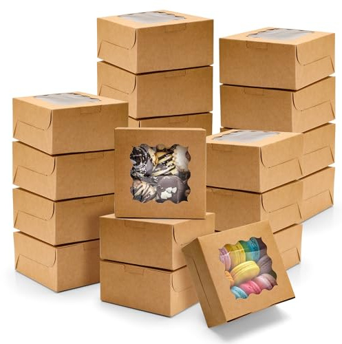 Aramanara 30 Pcs Kraft Cookie Box, 6 x 6 x 2.5in Brown Cake Box with Window | Square Bakery Boxes, Kraft Cookie Box with Lid for Party Cakes Brownie Donuts Biscuits Pies