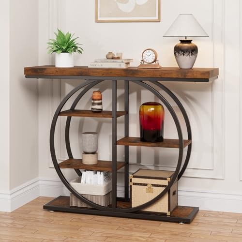 JUSTOGO Tavolo consolle design industriale, 105 cm, tavolino sottile con 5 ripiani, in legno, corridoio in metallo, tavolo d'ingresso, credenza per corridoio, soggiorno, marrone vintage