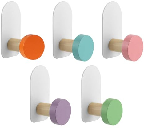 LIFTATAPA 5Pcs Self-Adhesive Kids Coat Hooks, Colorful Towel Hooks Wooden Sticky Clothes Hook, Wall Mounted Children's Coat Hooks for Towel, Clothes,Backpacks and Hats(Colorful)