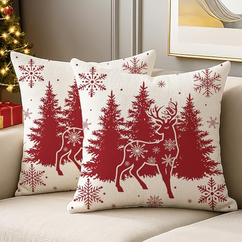 JANGYUHH Rot Weihnachten Kissenbezug 40x40 cm Winter Schneeflocke Kissenbezüge Elch Weihnachtsdeko Sofakissen Kissenhülle Modern Dekorative Weiche für Sofa Wohnzimmer Christmas 2er Set