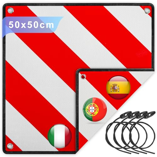 SROCHN 50x50 cm Warntafel 3 In 1 Alu Rot Weiß Reflektierendes Warnschild für Italien Spanien und Portugal mit 4X Spanngurte, für Heckträger Fahrradträger Wohnmobil