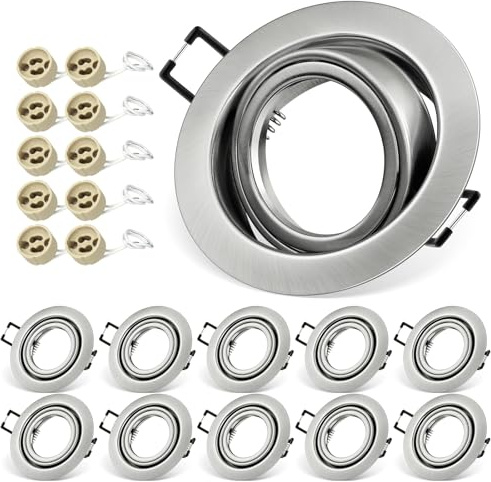Einbaustrahler GU10 Set, 10x Schwenkbar Einbaurahmen 68mm mit GU10 Fassung | LED Spots 230V Rund Flach Deckenspots, Einbauspots Einbauleuchten Rahmen Gebürstetes Nickel für LED oder Halogen Lampe