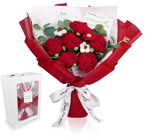 Bouquet di fiori fatti a mano all'uncinetto, rose rosse con fiori lavorati a maglia, per la decorazione della casa, San Valentino, anniversario, matrimonio, compleanno, festa della mamma, con