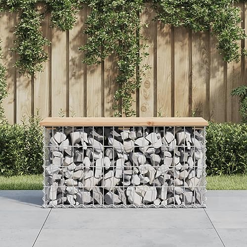 Hoopleep Gartenbank aus Gabionen 83x31,5x42 cm, Massivholz Kiefer Sitzfläche, robuster verzinkter Stahl Sockel für Außenbereich, Terrasse und Garten Möbel