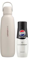 Sodastream Fizz&Go Cool Gourde isotherme en métal 0,9L + 1 Concentré Pepsi Zéro Sucres| Passe au lave-vaisselle | Garde au chaud et au froid jusqu'à 12 heures | Sans BPA | Blanc Sable