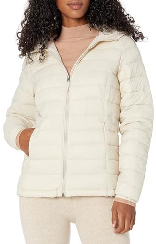 Amazon Essentials Piumino Leggero Impermeabile e Ripiegabile a Maniche Lunghe con Cappuccio e Cerniera Integrale Donna, Bianco Sporco, S