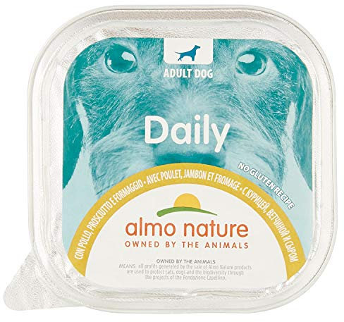 Almo Nature Daily mit Huhn, Schinken & Käse - Glutenfreie Rezeptur - Nassfutter für ausgewachsene Hunde - 9er Pack x 300 g, 1 Stück (9er Pack)