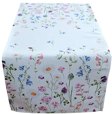 Raebel Tischläufer „Wiesenblume 40 x 140 cm Tischdecke Ostern Tischdeko Frühling weiß bunt Blumen