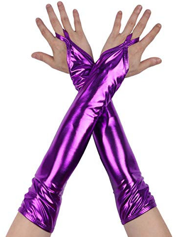 inlzdz Damen Glänzend Handschuhe Metallic Fingerlose Lange Handschuhe Wetlook Lederhandschuhe Tanz Party Clubwear Kostüm (16 Farben) Violett B One Size