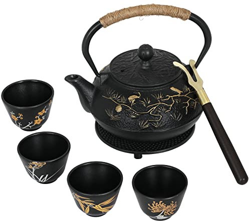 RekRang Longevity Crane - Juego de tetera de hierro fundido estilo japonés Tetsubin con 4 tazas, infusor extraíble y salvamanteles, juego de té de hierro fundido antiguo para estufa, 800 ml