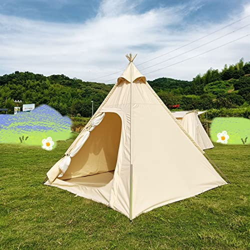 Outdoor Cotton Canvas 3 Seasons Bell Teepee Tent with Double Door Spire Tent Pyramid Tents for Family Camping