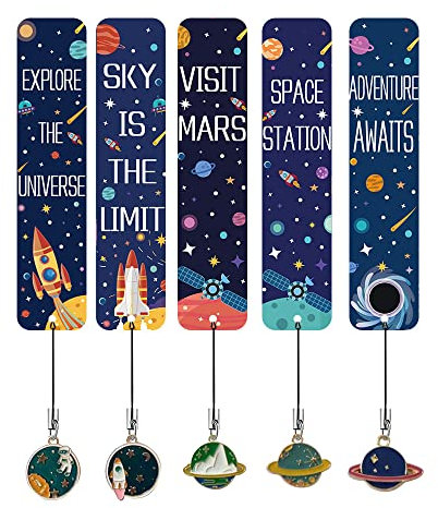 JIJICZ Lesezeichen für Kinder, inspirierendes Zitat, Weltraum-Thema, Metallanhänger, Lineal, 5 Stück, Karton, weiß