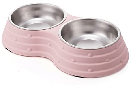 KuTi Kai Double Dog Bowls for Food and Water,Premium Removable Stainless Steel Double Bowls with Non-Slip Bottom and 1 Pet Food Scoop for Pet and Small Dogs Cats etc (Small, Pink)
