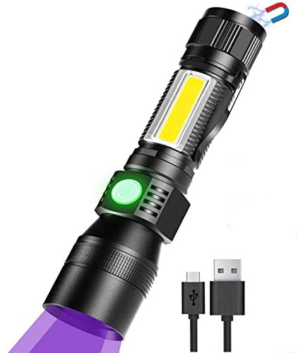 Linterna súper brillante de 1800 lúmenes, recargable por USB, 395 nm, luz UV, con base magnética, para camping, senderismo (luz negra, 7 modos, 1 pieza, con batería)