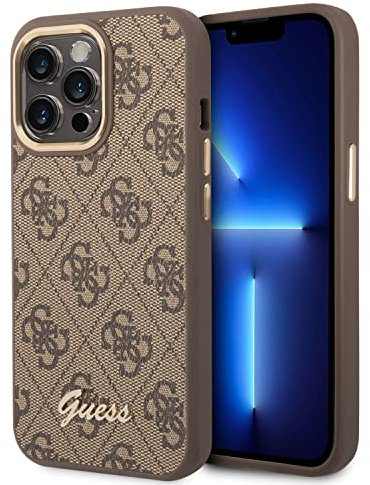 Guess Handyhülle für iPhone 14 Pro in Braun 4G Muster & Script Logo, Anti-Scratch PC/TPU, Bequem & Durable Hard Case mit Zugänglichen Anschlüssen & Stoßdämpfung