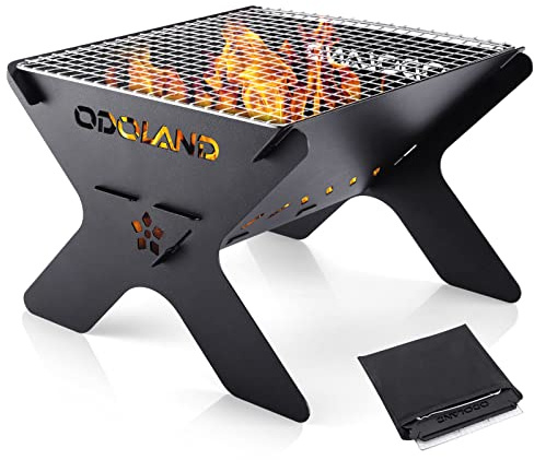 Odoland Camping Campfire Grill, Portable Folding Charcoal Grills, Backpacking BBQ Grill, Heavy Duty Firepit with Carry Bag for Outdoor Cooking, Bonfire, Patio, Backyard