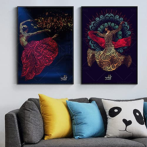Rumi Zitat Kunst Poster Druck auf Leinwand Sufi Kunst Bild Islamische Kalligraphie Wandkunst Leinwand Gemälde für Wohnkultur gerahmt 115x80cmx2pcs Innenrahmen