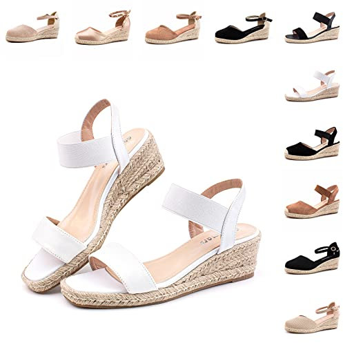 Hitmars Plateau Sandalen Damen Keilsandalen Espadrilles für Keilabsatz Absatz Wedges Geschlossene Espandrillos Sommerschuhe Frauen Weiß 42 EU